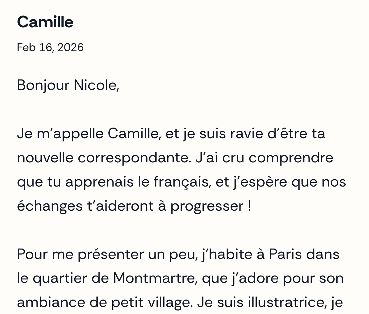 Email from Camille starting a conversation in French